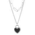 Double-layer silver necklace with paperclip chain and black heart pendant - Silver Double Layer Necklace-Black Heart Lock (KN232641-Z)