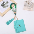 Teal beaded wristlet keychain with PU leather card holder and elegant tassel accessory - Turquoise