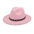 Pink wool felt fedora featuring a black leather band with silver round metal rivets - Pink