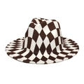 Dettaglio di un cappello fedora classico con motivo a scacchi marroni e bianchi in lana - M (56-58cm) / Scacchi Caffè