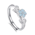 925 silver camellia and moon couple ring with light blue enamel flower and leaf relief - FDJZ-374-Women's