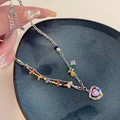 Detail showing colorful seed beads with a purple heart pendant on a silver-tone chain - 5# Necklace-Silver-Colorful