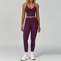 Set yoga viola aderente con bordi a contrasto e leggings sportivi a vita alta - Taglia S / Top E Pantaloni / Viola Profondo (Gilet + Leggings)