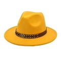 Close-up of yellow wool fedora hat featuring a brown leather band and silver rivets - M(56-58cm) / Yellow