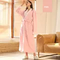 Women's long pink flannel bathrobe with plush white collar and adjustable waist tie - M / Mrs. / Pink