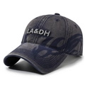 Vintage navy washed cotton baseball cap with LA&DH embroidery and flame pattern - Navy Blue