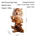 Resin tiger head statue in wood grain style with specific size dimensions and weight info - Root Carving Tiger Head