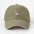 Detailed close-up of pink flamingo embroidery on washed khaki cotton baseball cap - One Size / Dark Khaki