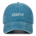 Detail of white ESKETIT letter embroidery on navy blue washed denim baseball cap - Lake Blue