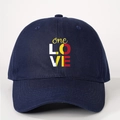 Dark blue baseball cap with one LOVE print featuring yellow art font and colorful block letters - One Size / Navy Blue