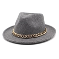 Detail of dark grey wool felt fedora featuring a chunky gold metal chain link hatband - M (56-58cm) / Deep Heather Grey