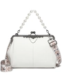 Detail view of white textured leather bag with pearl handle and floral embroidered strap - Pearl-White