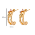 Close-up of golden floral C-shape earrings with colorful gems and size markings - E4217G-Gold Rose Vine