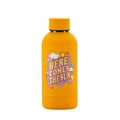 Detail of yellow matte stainless steel bottle with retro sun illustration and artistic text - Earthy Yellow Style B