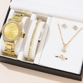 Detail view of the 5-piece gold watch set featuring a diamond-set bezel and jewelry pieces - 5-Piece Set (Watch+Bracelet+Necklace+Earrings+Ring) / Gold Set 1