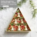 Set of 6 golden Christmas tree bells with red bows and pine needles on snow background - Gold Iron Art Bells E (Set of 6)