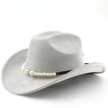 Detail of grey suede cowboy hat featuring white pearl beads on a black satin ribbon band - M (56-58cm) / Light Gray