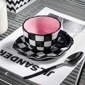 Pink ceramic coffee cup with black and white checkerboard pattern saucer and spoon - 180ML / Black White Grid