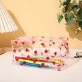 Close-up of transparent waterproof PVC pouch with red heart patterns and pink zipper - 18x9x9cm / Red Heart