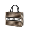Brown houndstooth jute tote bag with white LOVE ribbon strap and round black handles - Houndstooth LOVE Webbing
