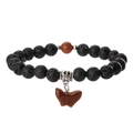 Close-up of black lava stone beaded bracelet with brown sandstone butterfly charm - Lava Stone + Gold Sand Stone