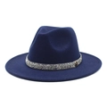Detail of navy blue wool fedora hat featuring a sparkling rhinestone band and metal M logo - M (56-58cm) / Navy Blue