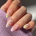 Almond-shaped press-on nails with yellow and pink French tips and star accents - BZ1424 Unique Yellow / Jelly Glue + Nail File
