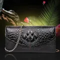 Elegant black crocodile texture envelope clutch bag with gold chain strap for women - 1003 Black