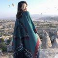 Ethnic style thick cashmere shawl in dark green, bohemian poncho for travel and warmth - Exotic Style