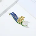 Elegant gold wheat brooch with blue crystals and a single white pearl accent - Wheat Ear Style 13 (6.2*2.2cm)