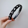 Handmade black braided hair headband with white ribbon inlay and anti-slip teeth - Ribbon Sandwich Braid (2CM Wide) / Natural Black