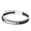 Pulsera de doble capa de malla de acero y cuero negro con cierre magnético plateado - Cadena de Malla de Acero Inoxidable Color Acero Cuero de Vaca Negro Empalmado (KB163206-YY)