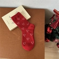 Festive red mid-calf socks with white heart embroidery and cozy ribbed cuffs for winter - One Size / Heart