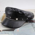 Detail of PU leather newsboy cap showing metal star stud and chain ornament - One Size 58cm / Black Chain Five-Star Style