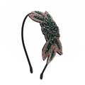 Bohemian handmade beaded headband with gold and green floral patterns on black band - Style 4