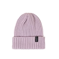 Close-up of lavender knit beanie featuring a black 'Freedom' woven label and ribbed texture - Light Purple