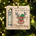 Close-up of wooden reindeer money holder ornament with custom text on Christmas tree - Plaid Antler Reindeer (Style 16)