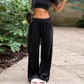 Pantalones casuales negros de pierna ancha para mujer con cordón y ajuste holgado cómodo - S / Negro