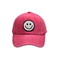 Close-up of pink washed cotton baseball cap with white embroidered smiley face patch - Adult / Rose Red