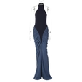 Sleeveless backless halter maxi dress with black top and blue-grey draped pleated skirt - S / Navy Blue