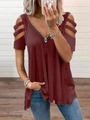 Women's burgundy waffle knit short sleeve T-shirt with V-neck zipper and cold shoulder - Burgundy