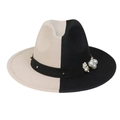 Close-up of black and white felt fedora featuring pearl, metal studs, and white floral trim - Black Beige With Pearls