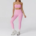 Roze tweedelige naadloze yogaset met high-waist legging en sportbeha - L / Sportbeha + Legging / Bellen Roze