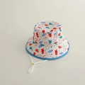Detail of white kids sun hat with cartoon dinosaur prints and adjustable chin strap - 50-54cm (Adjustable 3-10 Years) / Blue Trim Dinosaur