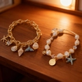 Gold-plated moonstone fishtail bracelet with irregular pearls and ocean charms - Ocean Element And Irregular Pearl Combination