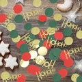 Christmas HoHoHo confetti sequins in red green gold on wood background with holiday decor - Christmas Red Green Gold Card Circles + Gold Card HOHOHO (ai-100 Pcs/Pack)