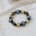 Blue and beige ceramic bracelet with star and round beads on natural linen - Star Square Round (340 Brilliant)