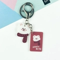 Cute white acrylic honey bear keychain with red scarf and metal clasp on pink background - Scarf White Bear Style (Double Buckle No. 10)