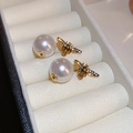 Elegant gold bee stud earrings with faux pearls and sparkling crystal accents in a jewelry box - S925 Needle Bee Pearl Front and Back Two-Way Earrings