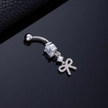 Silver belly button ring featuring a large oval zircon and a sparkling butterfly pendant - High Bowtie Butterfly Silver